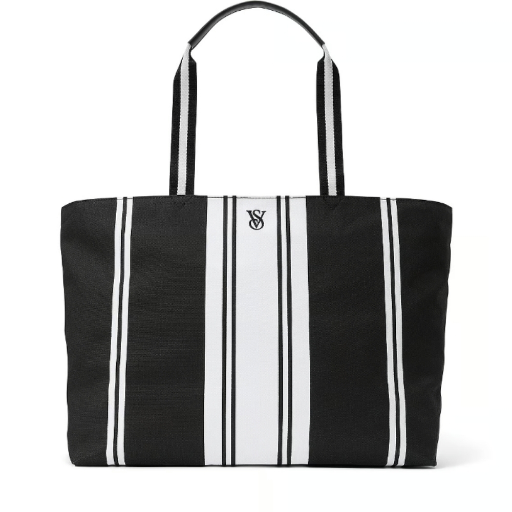 Victoria Secret Stripped Blk &Wht Tote w/Lip Gloss and Lip Oil